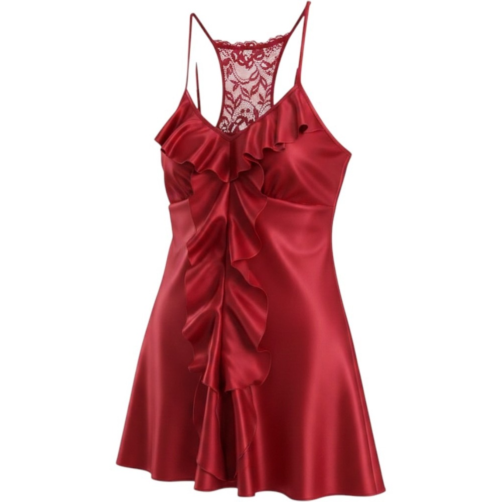 In Bloom Satin Nightgown‎ Womens Large Red Ruffle Lace Racerback Chemise DLT010